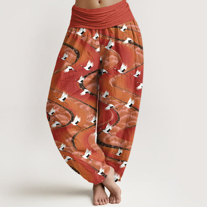 Pantaloni harem da donna con elastico in vita e motivo a linee sinuose in cotone con motivo a gru eleganti Buddha Stones - Pomodoro - US16, UK/AU20, EU48 (3XL) - image 5