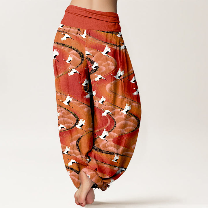 Pantaloni harem da donna con elastico in vita e motivo a linee sinuose in cotone con motivo a gru eleganti Buddha Stones - image 6