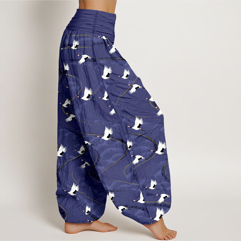 Pantaloni harem da donna con elastico in vita e motivo a linee sinuose in cotone con motivo a gru eleganti Buddha Stones - image 10