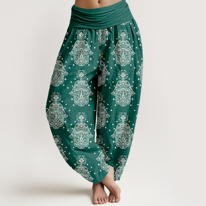 Pantaloni harem da donna con elastico in vita, in cotone, con motivo a mano di Hamsa, disposti in modo ordinato, motivo Buddha Stones - SeaGreen - US16, UK/AU20, EU48 (3XL) - image 0