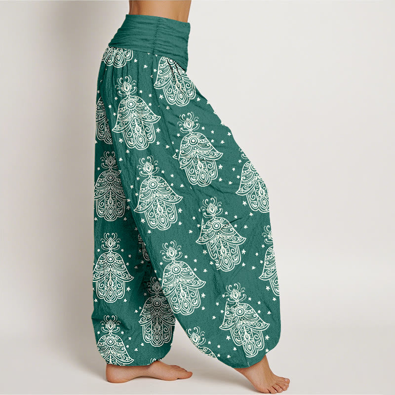 Pantaloni harem da donna con elastico in vita, in cotone, con motivo a mano di Hamsa, disposti in modo ordinato, motivo Buddha Stones - image 2