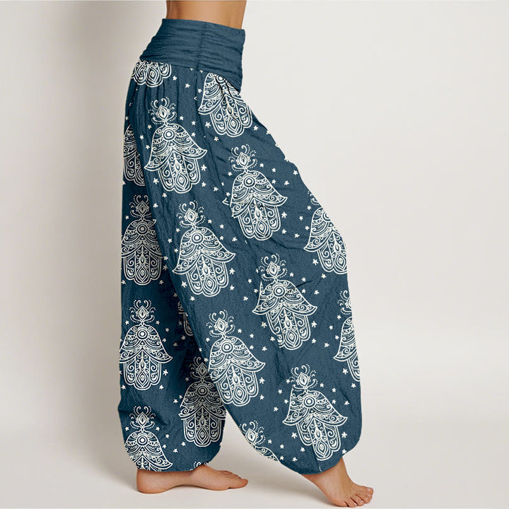 Pantaloni harem da donna con elastico in vita, in cotone, con motivo a mano di Hamsa, disposti in modo ordinato, motivo Buddha Stones - image 7