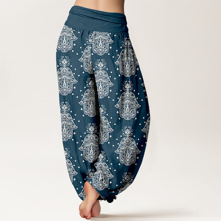 Pantaloni harem da donna con elastico in vita, in cotone, con motivo a mano di Hamsa, disposti in modo ordinato, motivo Buddha Stones - image 6
