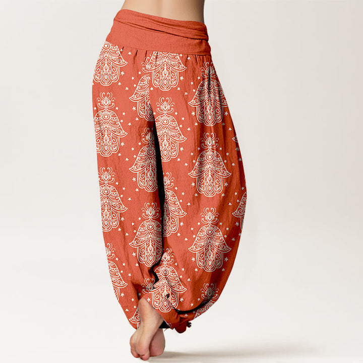 Pantaloni harem da donna con elastico in vita, in cotone, con motivo a mano di Hamsa, disposti in modo ordinato, motivo Buddha Stones - image 9