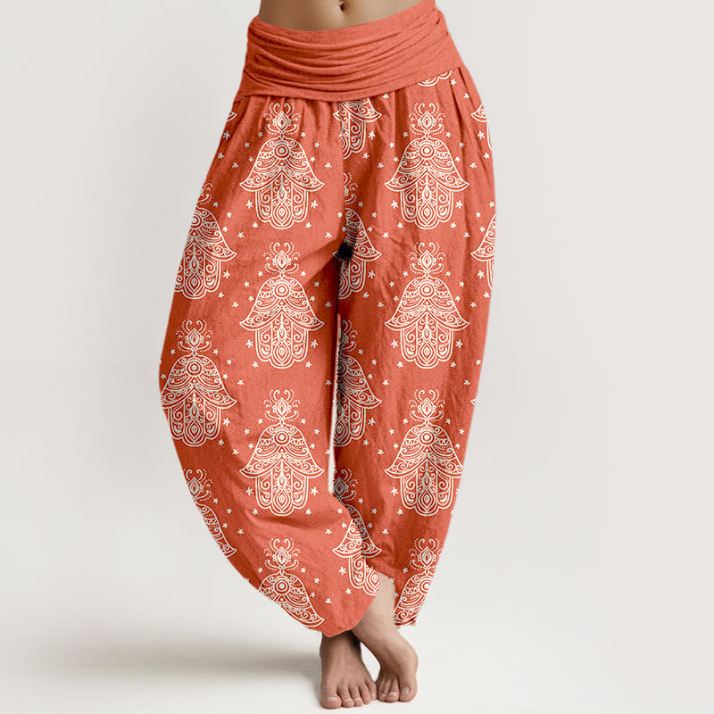 Pantaloni harem da donna con elastico in vita, in cotone, con motivo a mano di Hamsa, disposti in modo ordinato, motivo Buddha Stones - Corallo - US16, UK/AU20, EU48 (3XL) - image 8