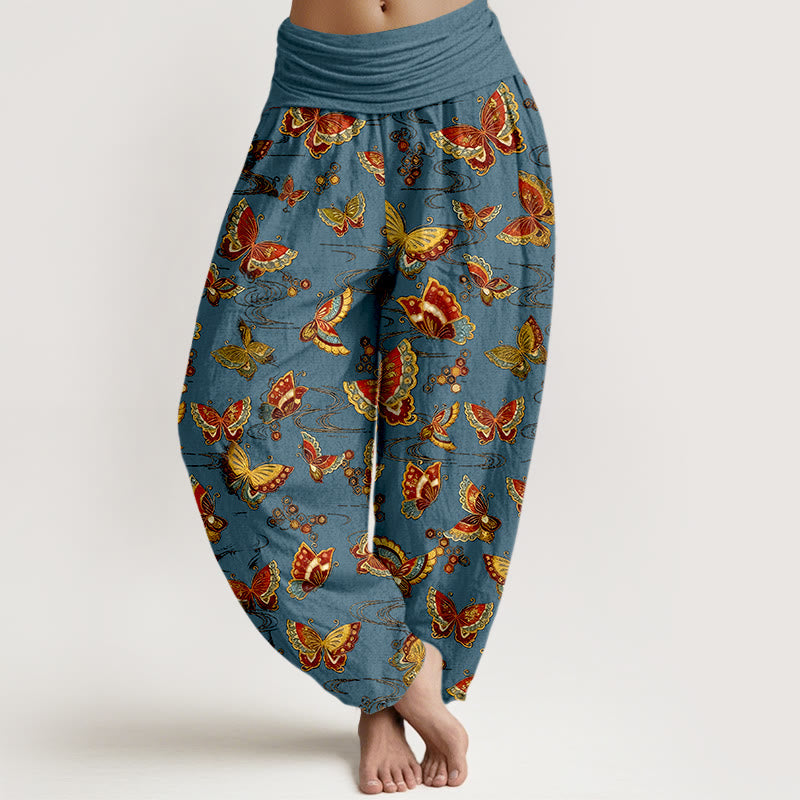Pantaloni harem da donna con elastico in vita e motivo a farfalla colorata in cotone Buddha Stones - SteelBlue - US16, UK/AU20, EU48 (3XL) - image 5