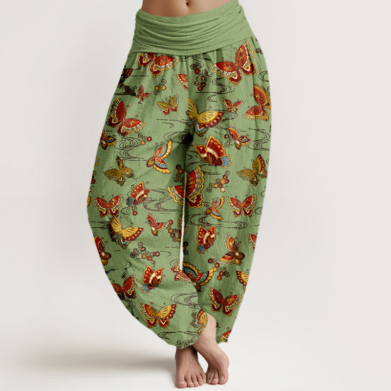 Pantaloni harem da donna con elastico in vita e motivo a farfalla colorata in cotone Buddha Stones - GialloVerde - US16, UK/AU20, EU48 (3XL) - image 8