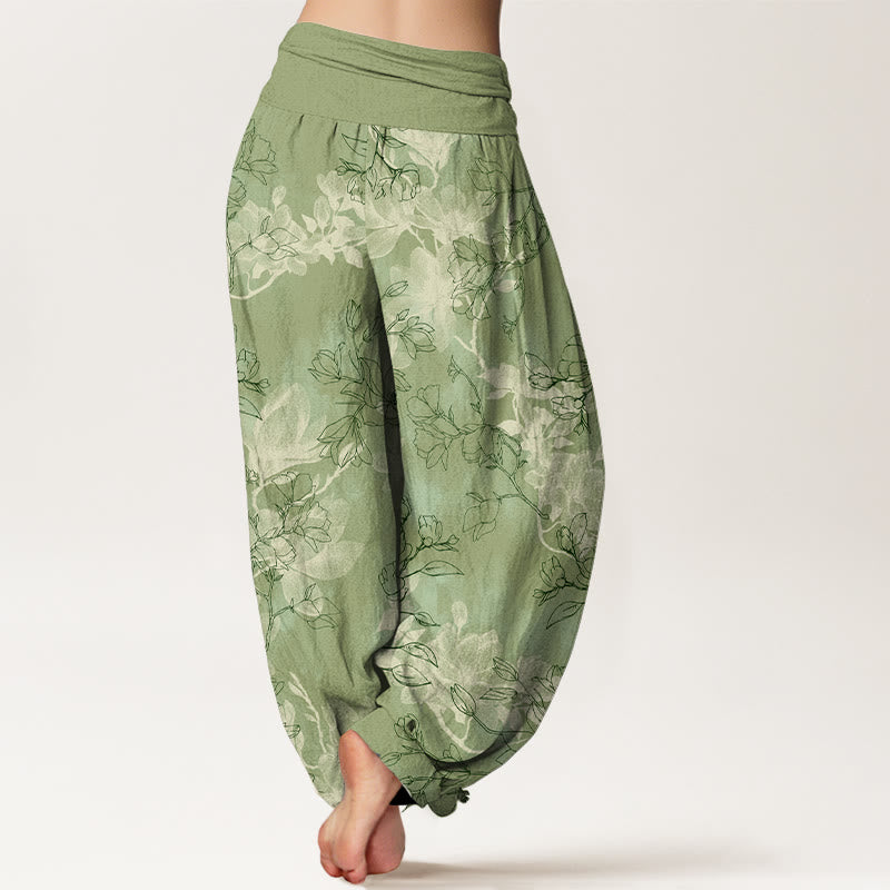 Pantaloni harem da donna con elastico in vita e motivo a boccioli di fiori freschi in cotone con Buddha Stones - image 1