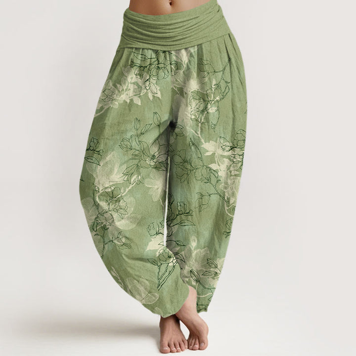 Pantaloni harem da donna con elastico in vita e motivo a boccioli di fiori freschi in cotone con Buddha Stones - GialloVerde - US16, UK/AU20, EU48 (3XL) - image 0
