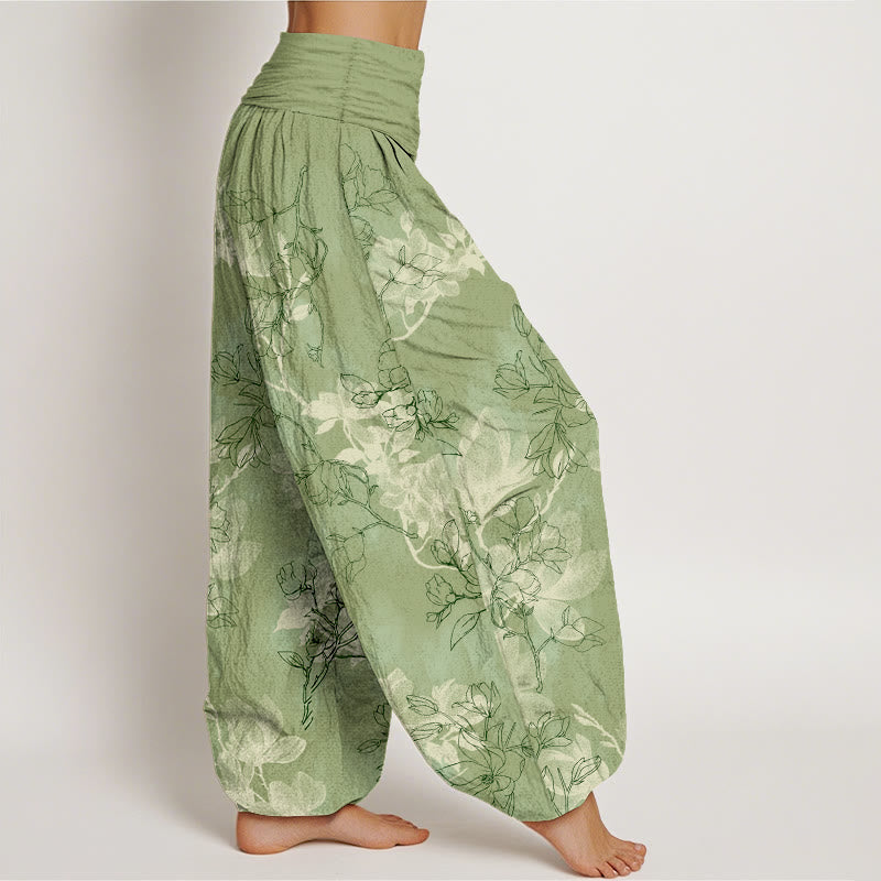 Pantaloni harem da donna con elastico in vita e motivo a boccioli di fiori freschi in cotone con Buddha Stones - image 2