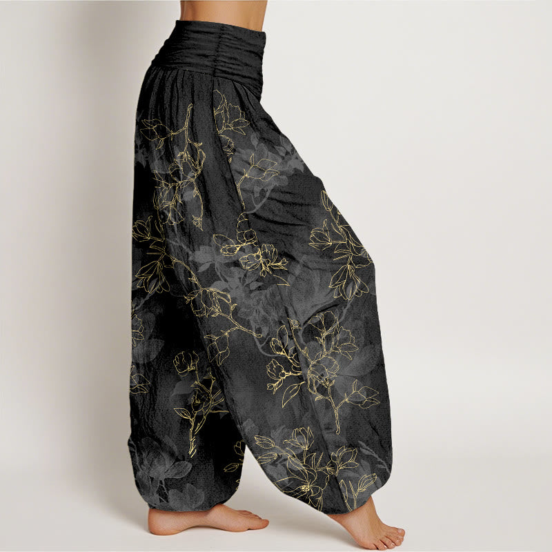 Pantaloni harem da donna con elastico in vita e motivo a boccioli di fiori freschi in cotone con Buddha Stones - image 7