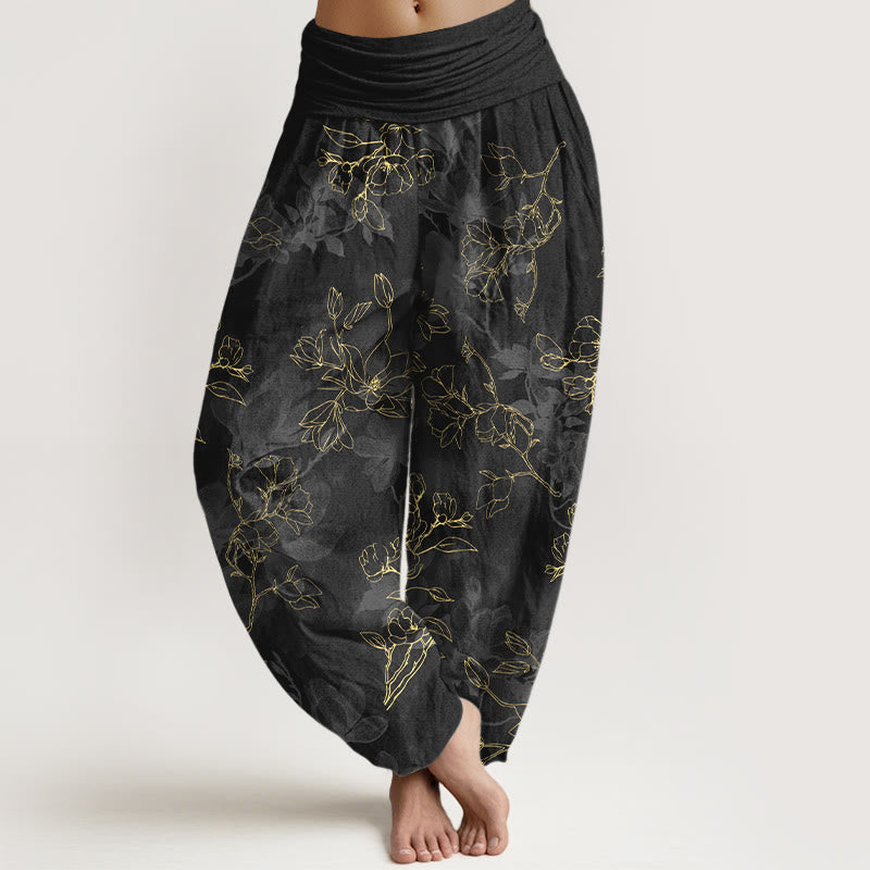 Pantaloni harem da donna con elastico in vita e motivo a boccioli di fiori freschi in cotone con Buddha Stones - Nero - US16, UK/AU20, EU48 (3XL) - image 5