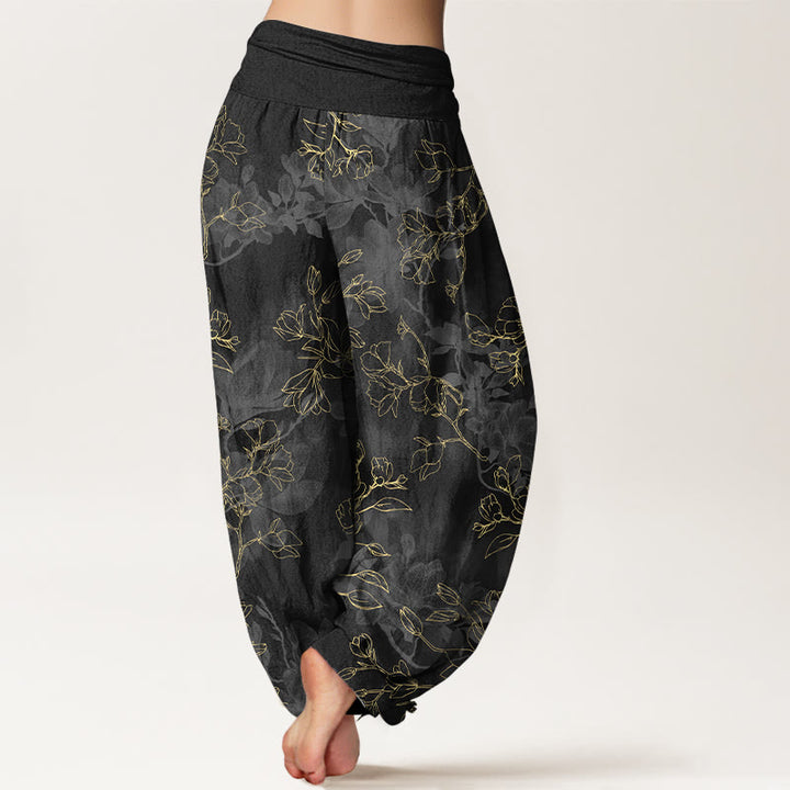 Pantaloni harem da donna con elastico in vita e motivo a boccioli di fiori freschi in cotone con Buddha Stones - image 6