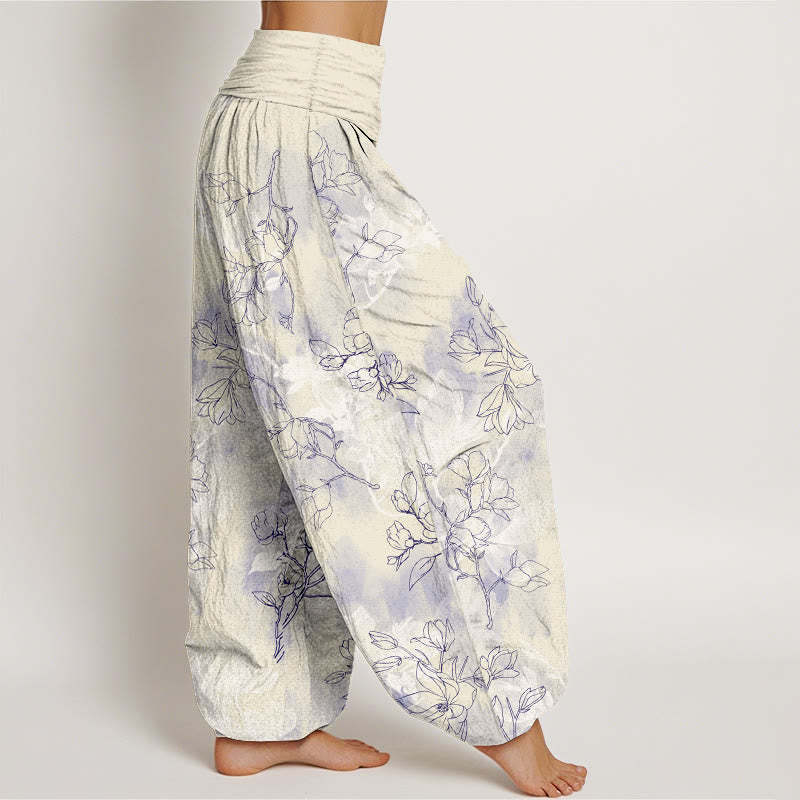 Pantaloni harem da donna con elastico in vita e motivo a boccioli di fiori freschi in cotone con Buddha Stones - image 10
