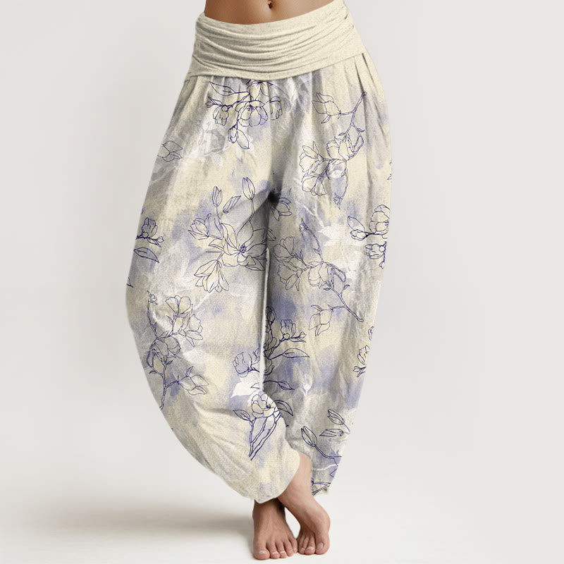 Pantaloni harem da donna con elastico in vita e motivo a boccioli di fiori freschi in cotone con Buddha Stones - Verga d'oro chiaraGiallo - US16, UK/AU20, EU48 (3XL) - image 8