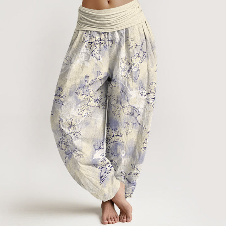 Pantaloni harem da donna con elastico in vita e motivo a boccioli di fiori freschi in cotone con Buddha Stones - Verga d'oro chiaraGiallo - US16, UK/AU20, EU48 (3XL) - image 8