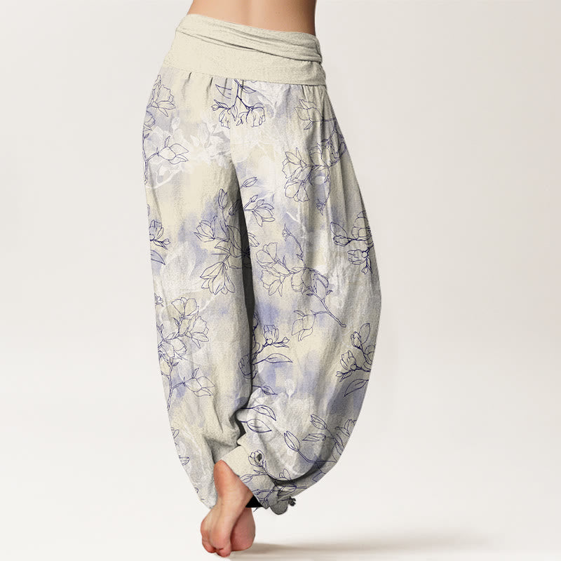 Pantaloni harem da donna con elastico in vita e motivo a boccioli di fiori freschi in cotone con Buddha Stones - image 9