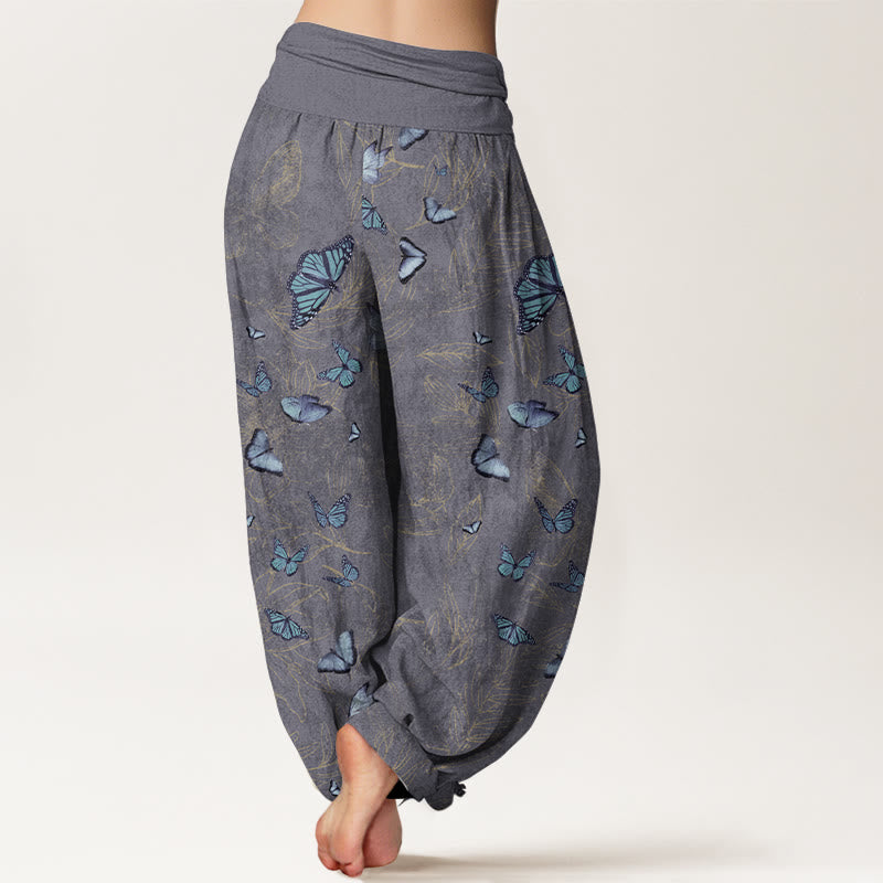 Pantaloni harem da donna con elastico in vita e motivo a foglie e farfalle in cotone Buddha Stones - image 9