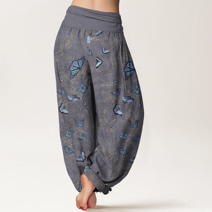 Pantaloni harem da donna con elastico in vita e motivo a foglie e farfalle in cotone Buddha Stones - image 9