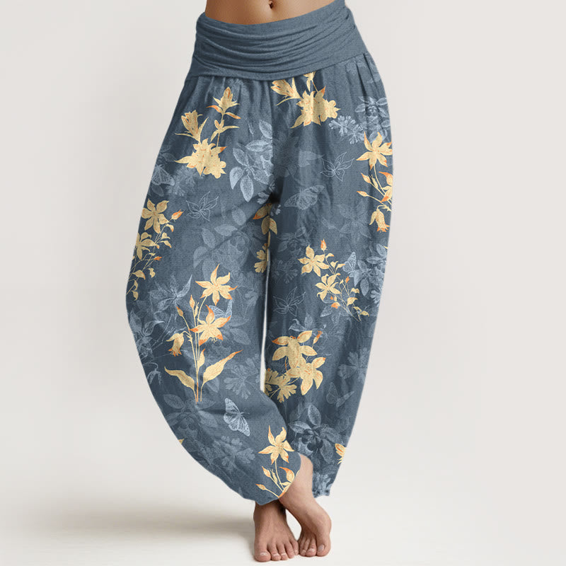 Pantaloni harem da donna con elastico in vita, in cotone fresco e raffinato, con motivo a fiori e foglie , Buddha Stones - Grigio ardesia chiaro - US16, UK/AU20, EU48 (3XL) - image 0