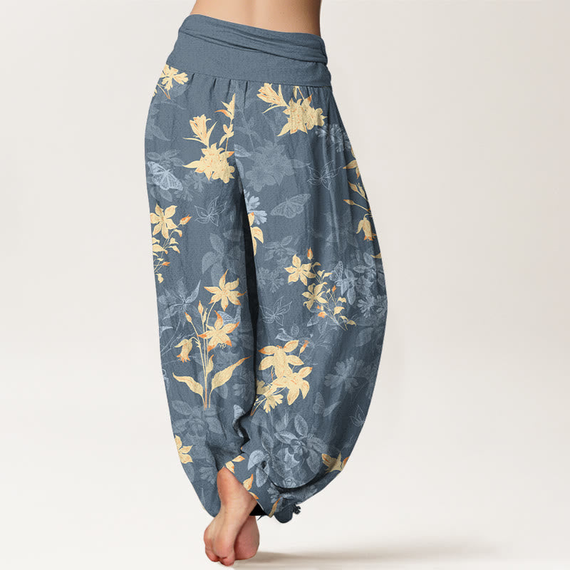 Pantaloni harem da donna con elastico in vita, in cotone fresco e raffinato, con motivo a fiori e foglie , Buddha Stones - image 1
