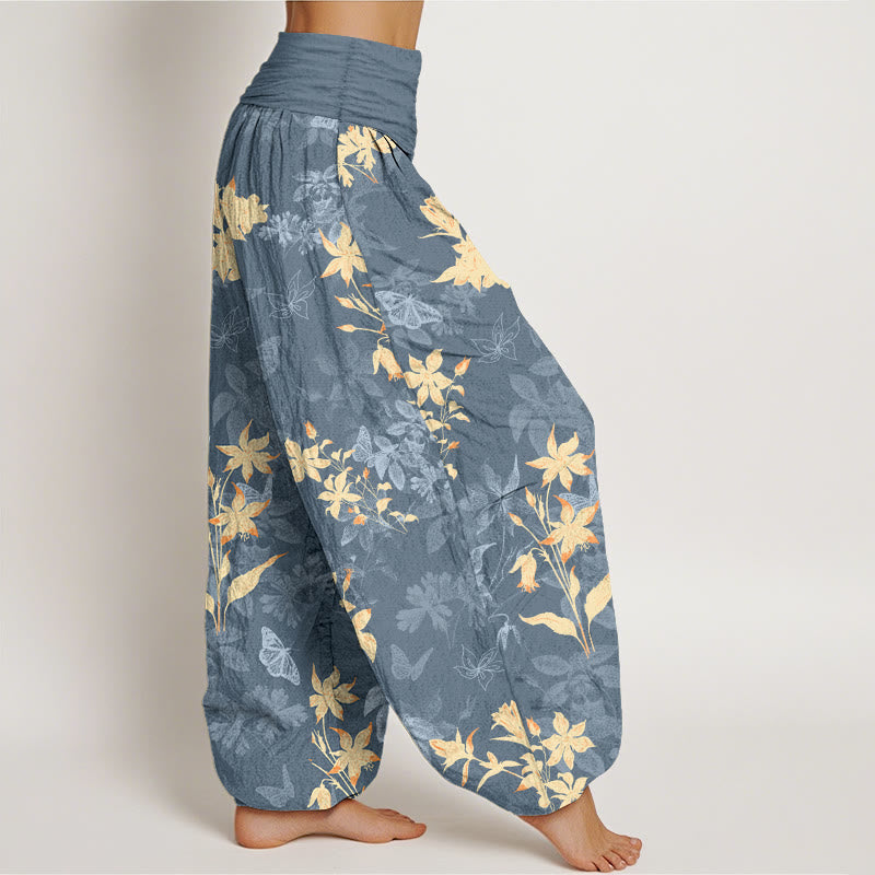 Pantaloni harem da donna con elastico in vita, in cotone fresco e raffinato, con motivo a fiori e foglie , Buddha Stones - image 2