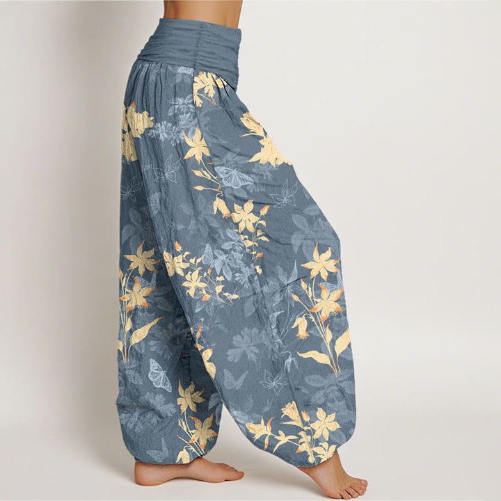 Pantaloni harem da donna con elastico in vita, in cotone fresco e raffinato, con motivo a fiori e foglie , Buddha Stones - image 2