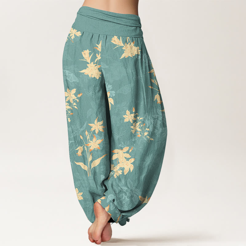 Pantaloni harem da donna con elastico in vita, in cotone fresco e raffinato, con motivo a fiori e foglie , Buddha Stones - image 6