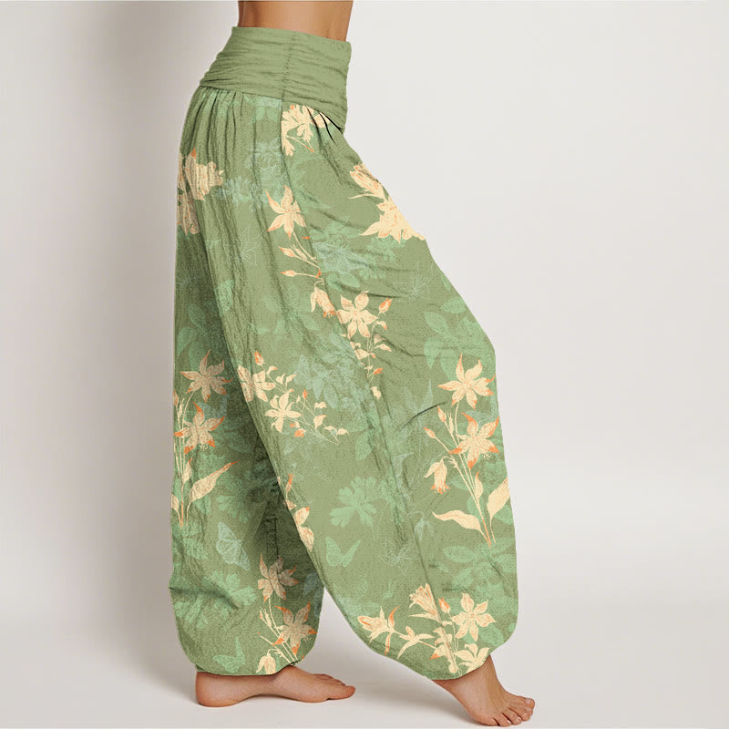 Pantaloni harem da donna con elastico in vita, in cotone fresco e raffinato, con motivo a fiori e foglie , Buddha Stones - image 10
