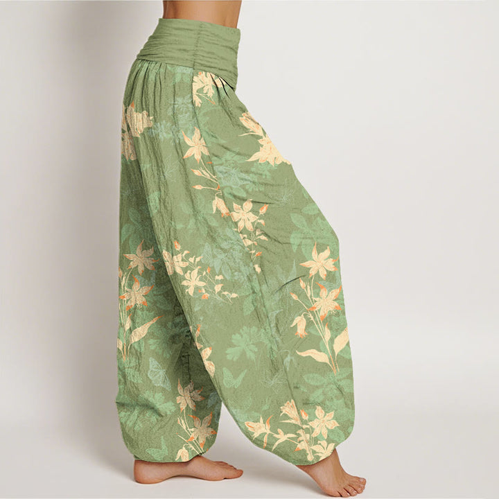 Pantaloni harem da donna con elastico in vita, in cotone fresco e raffinato, con motivo a fiori e foglie , Buddha Stones - image 10