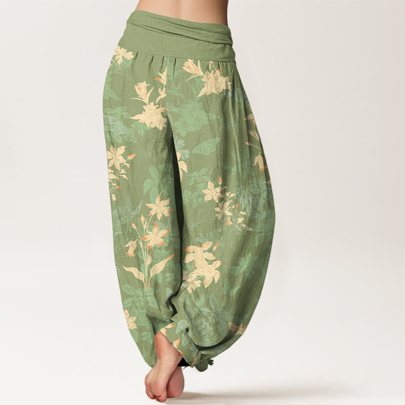 Pantaloni harem da donna con elastico in vita, in cotone fresco e raffinato, con motivo a fiori e foglie , Buddha Stones - image 9