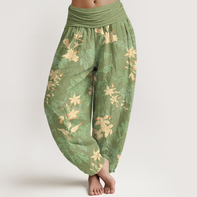 Pantaloni harem da donna con elastico in vita, in cotone fresco e raffinato, con motivo a fiori e foglie , Buddha Stones - GialloVerde - US16, UK/AU20, EU48 (3XL) - image 8