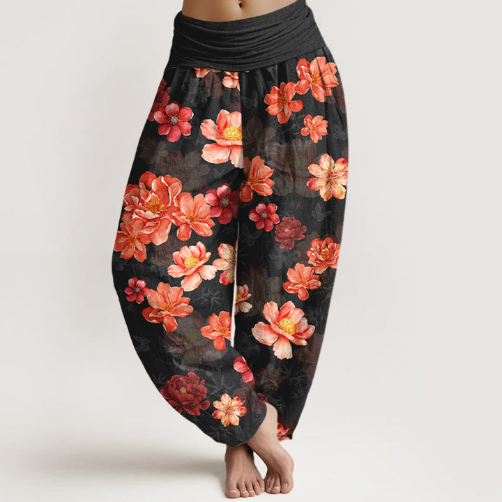 Pantaloni harem da donna con elastico in vita, in cotone con motivo floreale dai colori intensi, Buddha Stones - Nero - US16, UK/AU20, EU48 (3XL) - image 0