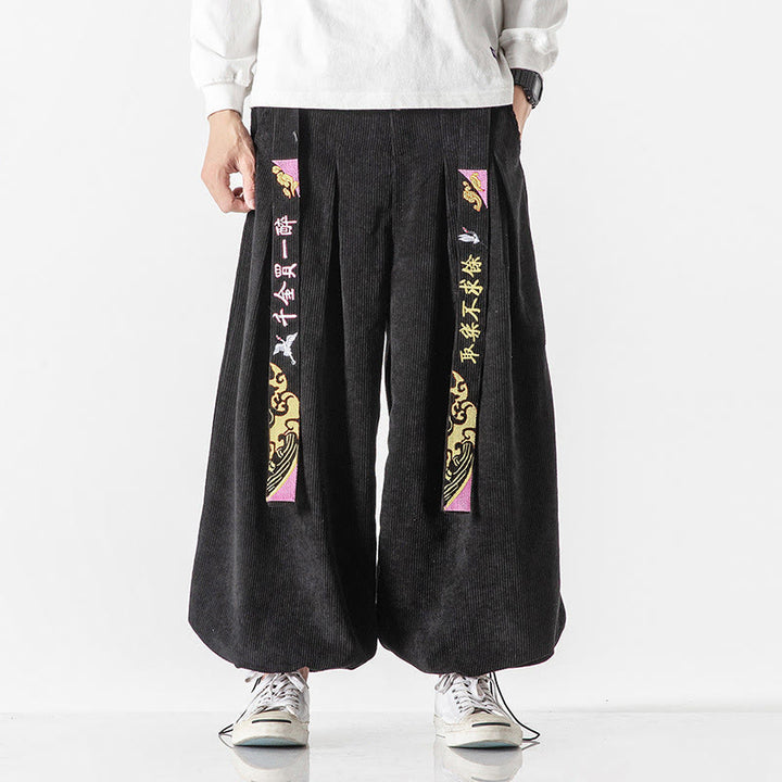 Pantaloni da uomo in velluto a coste con lacci e tasche, ricamo con caratteri cinesi, autunno inverno Buddha Stones - Nero - US/UK/AU46, EU56 (5XL) - image 0