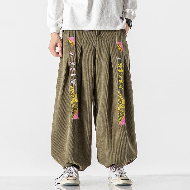 Pantaloni da uomo in velluto a coste con lacci e tasche, ricamo con caratteri cinesi, autunno inverno Buddha Stones - Verde oliva - US/UK/AU46, EU56 (5XL) - image 8