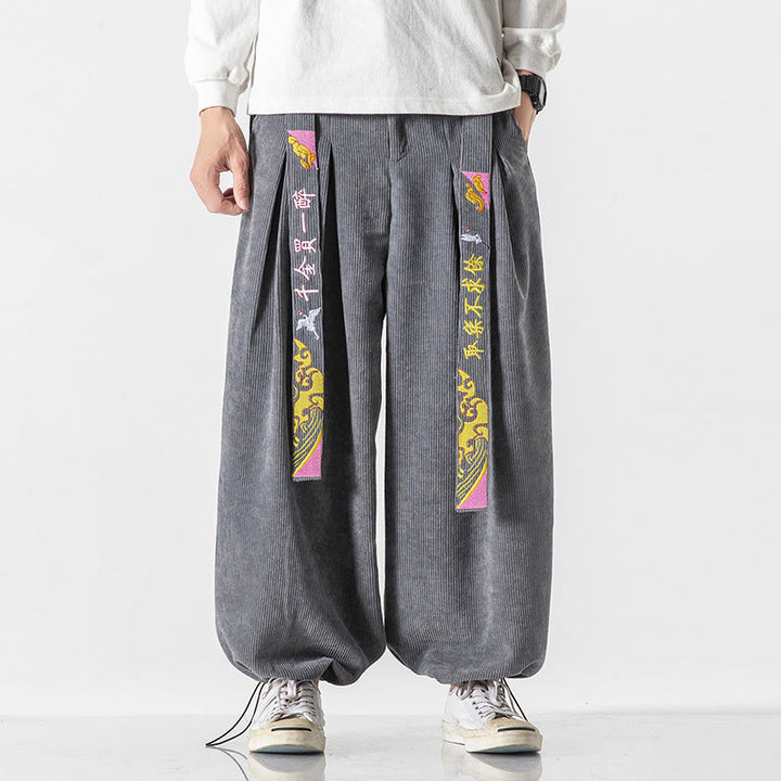 Pantaloni da uomo in velluto a coste con lacci e tasche, ricamo con caratteri cinesi, autunno inverno Buddha Stones - Grigio chiaro - US/UK/AU46, EU56 (5XL) - image 5