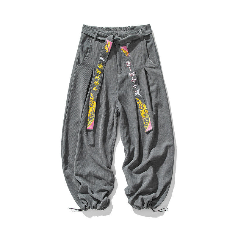 Pantaloni da uomo in velluto a coste con lacci e tasche, ricamo con caratteri cinesi, autunno inverno Buddha Stones - image 7