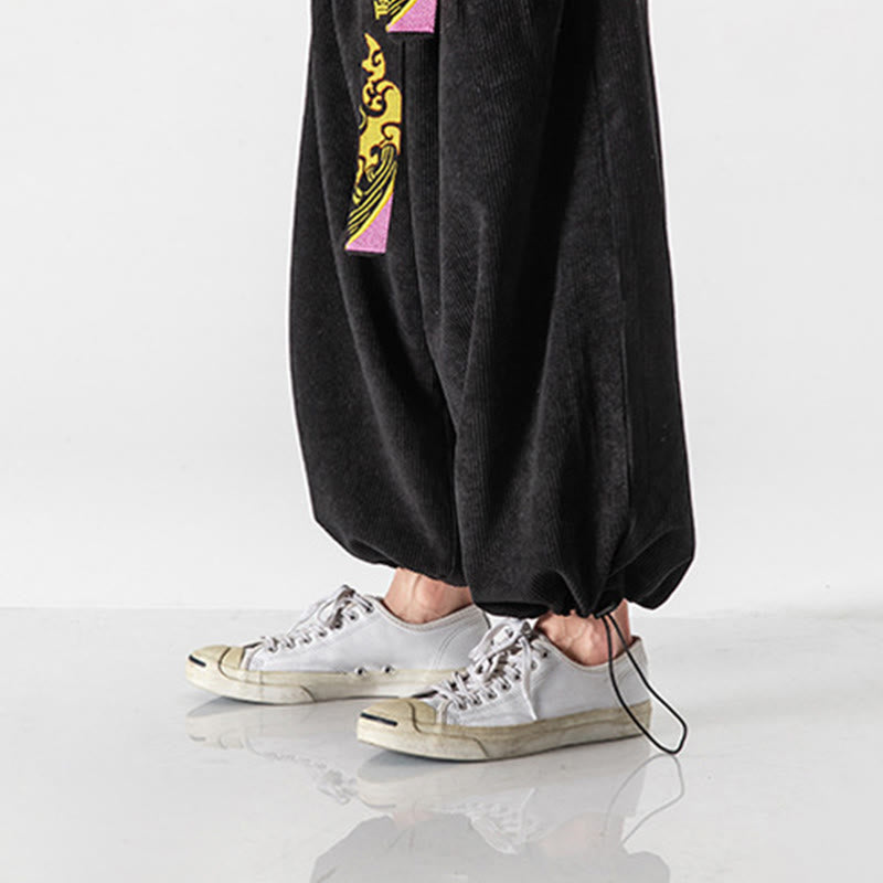 Pantaloni da uomo in velluto a coste con lacci e tasche, ricamo con caratteri cinesi, autunno inverno Buddha Stones - image 3