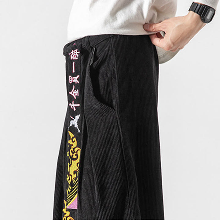 Pantaloni da uomo in velluto a coste con lacci e tasche, ricamo con caratteri cinesi, autunno inverno Buddha Stones - image 2