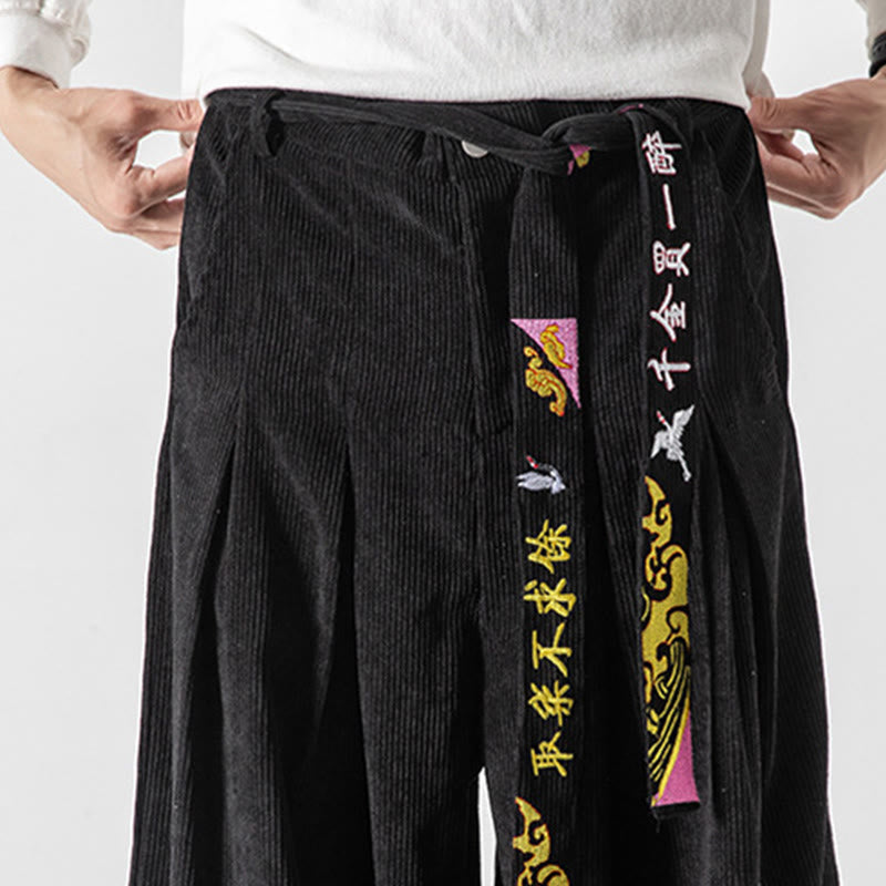 Pantaloni da uomo in velluto a coste con lacci e tasche, ricamo con caratteri cinesi, autunno inverno Buddha Stones - image 1