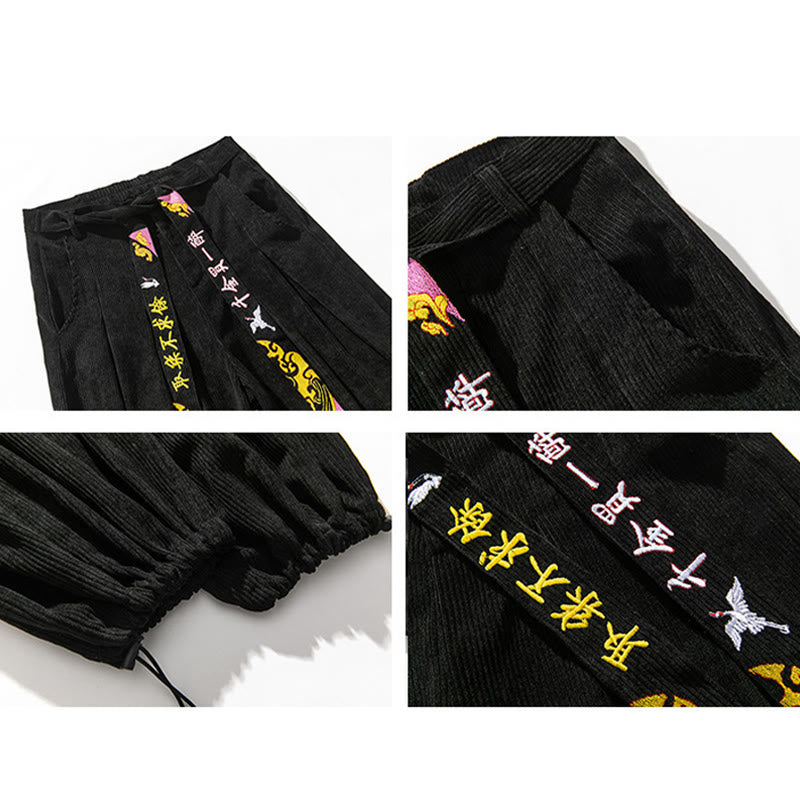 Pantaloni da uomo in velluto a coste con lacci e tasche, ricamo con caratteri cinesi, autunno inverno Buddha Stones - image 4