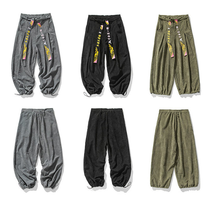 Pantaloni da uomo in velluto a coste con lacci e tasche, ricamo con caratteri cinesi, autunno inverno Buddha Stones - image 12