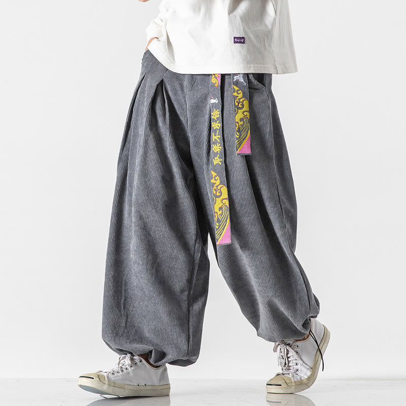Pantaloni da uomo in velluto a coste con lacci e tasche, ricamo con caratteri cinesi, autunno inverno Buddha Stones - image 6
