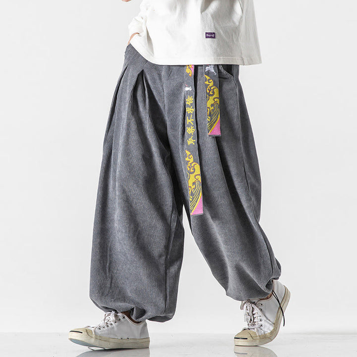 Pantaloni da uomo in velluto a coste con lacci e tasche, ricamo con caratteri cinesi, autunno inverno Buddha Stones - image 6