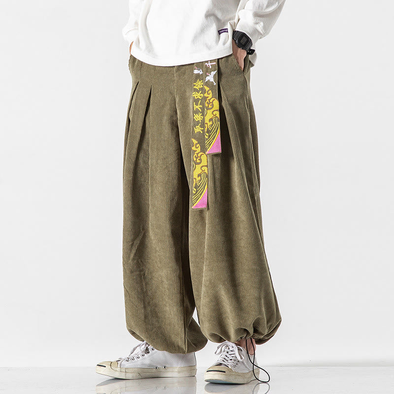 Pantaloni da uomo in velluto a coste con lacci e tasche, ricamo con caratteri cinesi, autunno inverno Buddha Stones - image 9