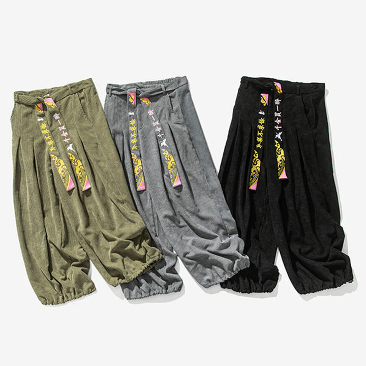 Pantaloni da uomo in velluto a coste con lacci e tasche, ricamo con caratteri cinesi, autunno inverno Buddha Stones - image 11