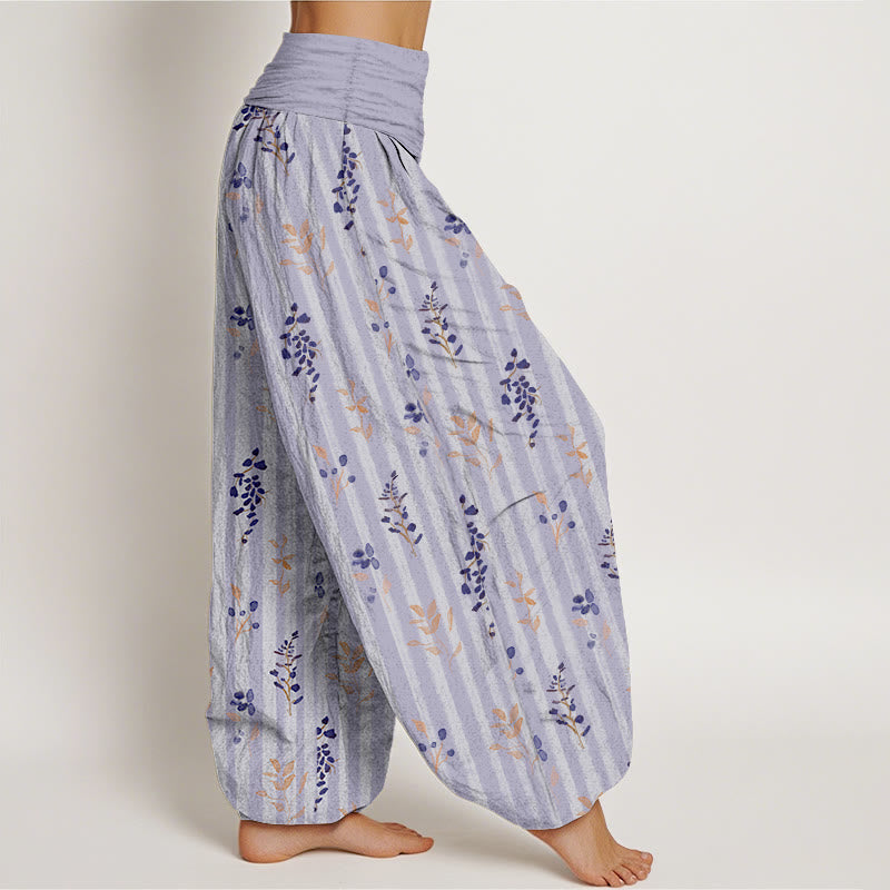 Pantaloni harem da donna con elastico in vita, in cotone, con motivo a righe e foglie dai colori tenui , Buddha Stones - image 2