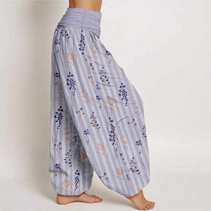 Pantaloni harem da donna con elastico in vita, in cotone, con motivo a righe e foglie dai colori tenui , Buddha Stones - image 2