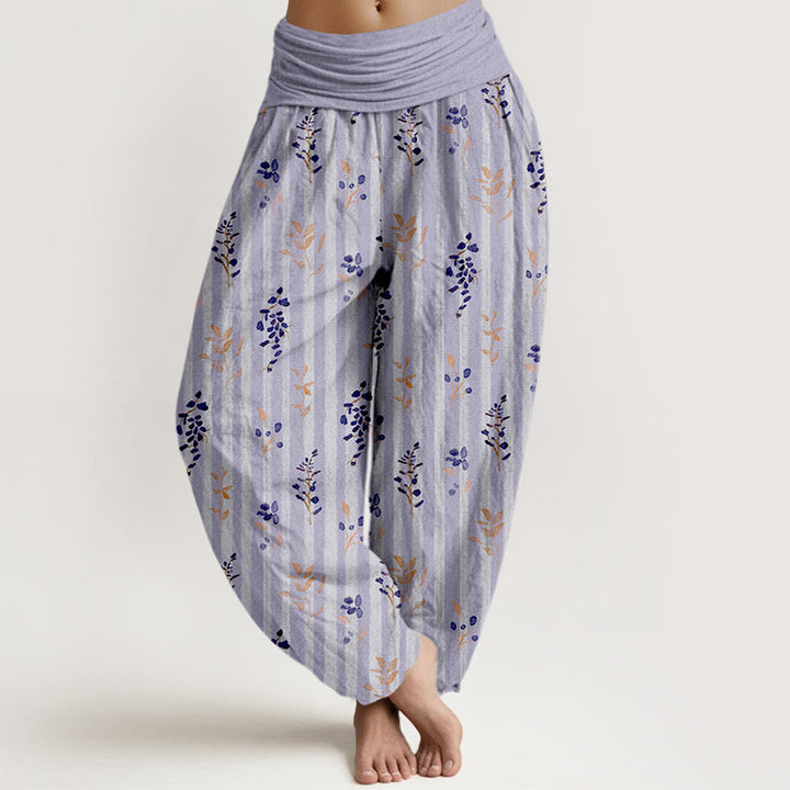 Pantaloni harem da donna con elastico in vita, in cotone, con motivo a righe e foglie dai colori tenui , Buddha Stones - Lavanda - US16, UK/AU20, EU48 (3XL) - image 0