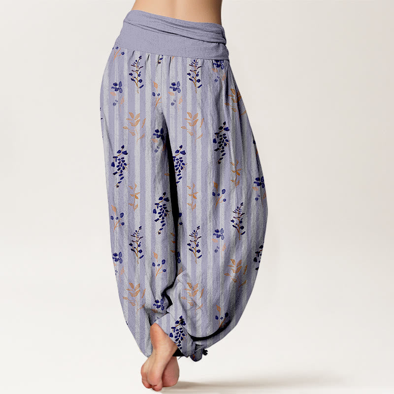 Pantaloni harem da donna con elastico in vita, in cotone, con motivo a righe e foglie dai colori tenui , Buddha Stones - image 1